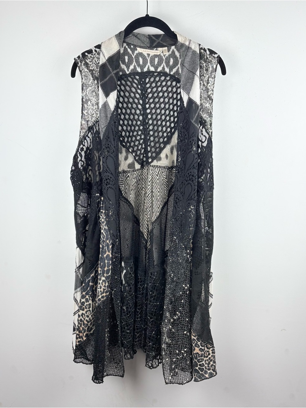 Soft Surroundings Mixed Media Patchwork Lace Duster Vest Leopard Boho Festival